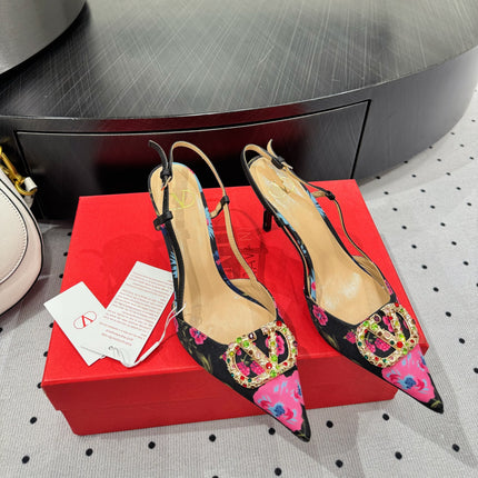 VLTN HIGH SLINGBACK 25S 80 MM IN BLACK MIX PINK FABRIC AND CALFSKIN