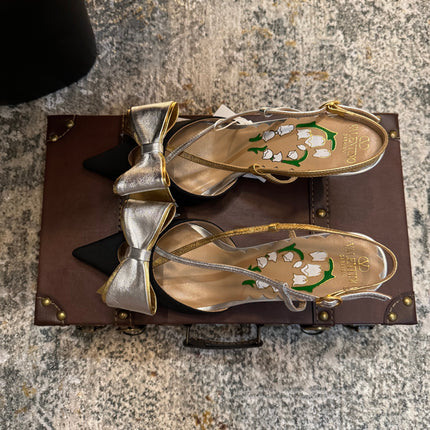 VLTN HIGH HEEL 25S 80 MM IN BLACK FABRIC MIX SILVER CALFSKIN WITH BOW