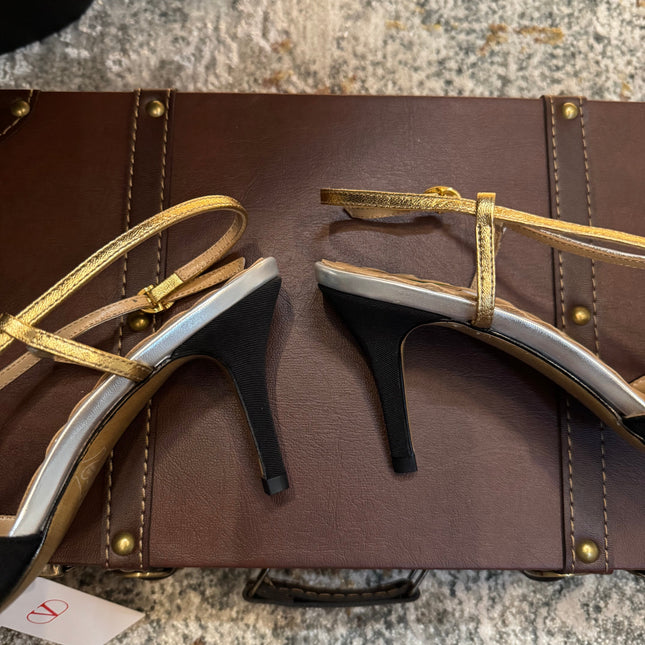 VLTN HIGH HEEL 25S 80 MM IN BLACK FABRIC MIX SILVER CALFSKIN WITH BOW