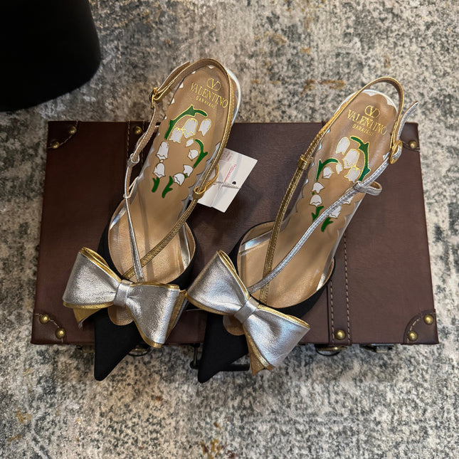 VLTN HIGH HEEL 25S 80 MM IN BLACK FABRIC MIX SILVER CALFSKIN WITH BOW