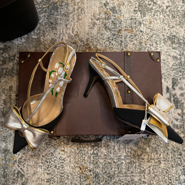 VLTN HIGH HEEL 25S 80 MM IN BLACK FABRIC MIX SILVER CALFSKIN WITH BOW