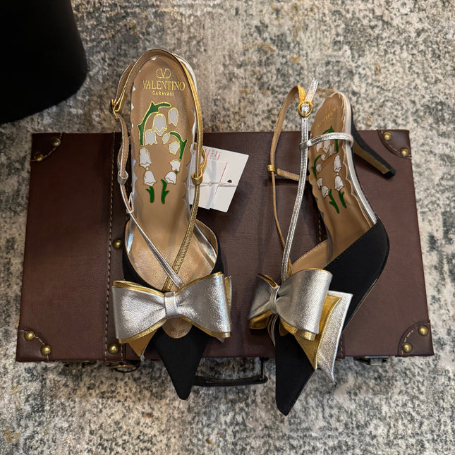 VLTN HIGH HEEL 25S 80 MM IN BLACK FABRIC MIX SILVER CALFSKIN WITH BOW