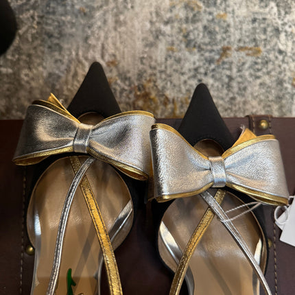 VLTN HIGH HEEL 25S 80 MM IN BLACK FABRIC MIX SILVER CALFSKIN WITH BOW