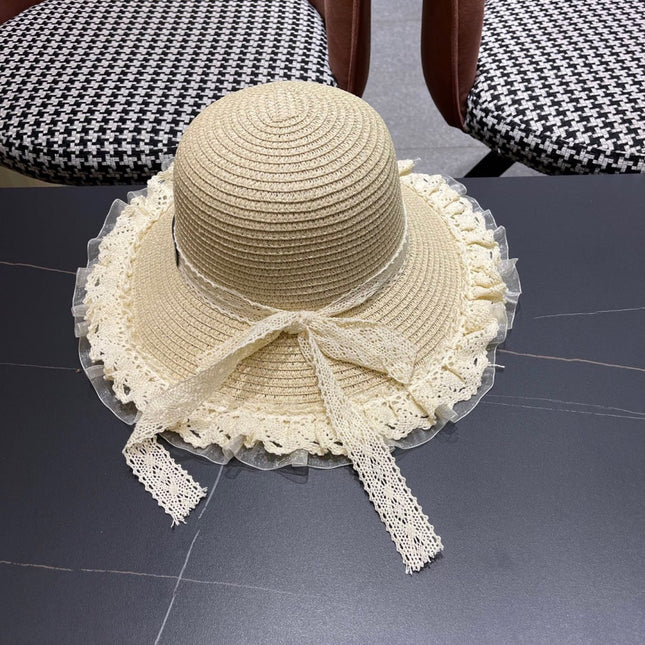 HAT IN LIGHT BEIGE RAFFIA MIX LACE FABRIC