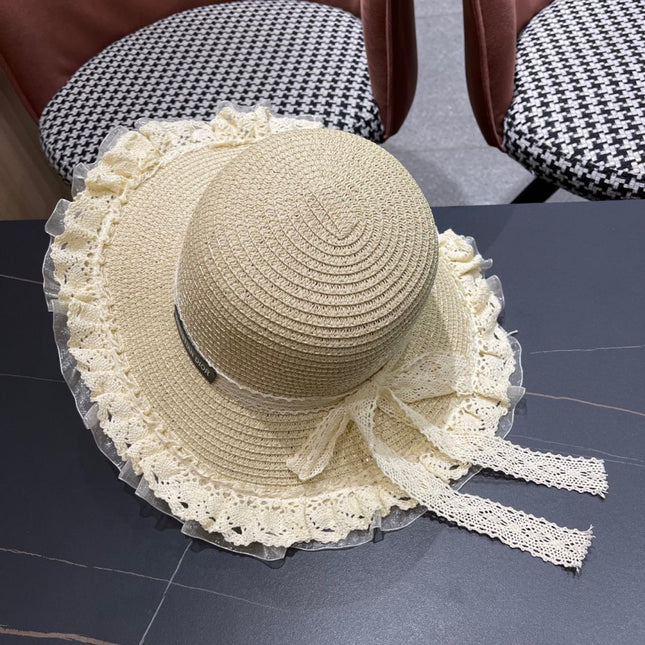 HAT IN LIGHT BEIGE RAFFIA MIX LACE FABRIC
