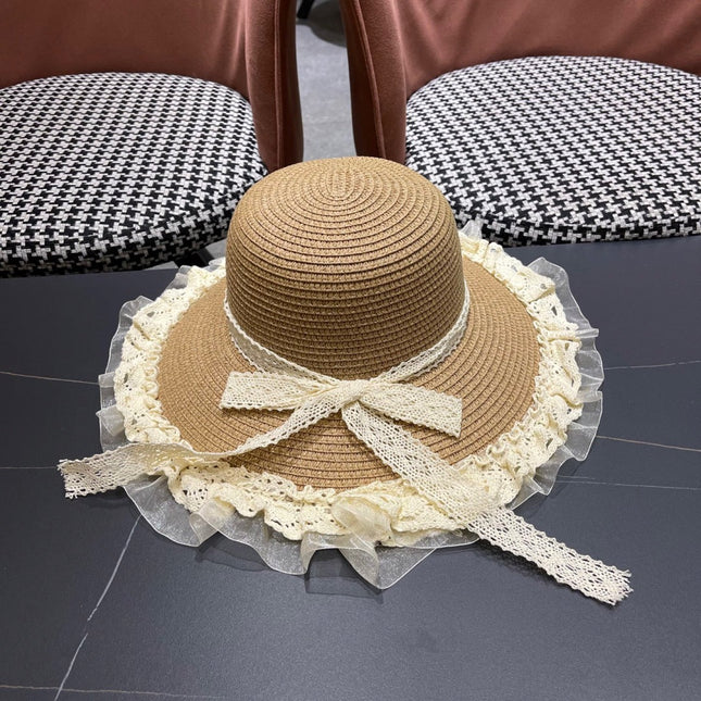 HAT IN DARK BEIGE RAFFIA MIX LACE FABRIC