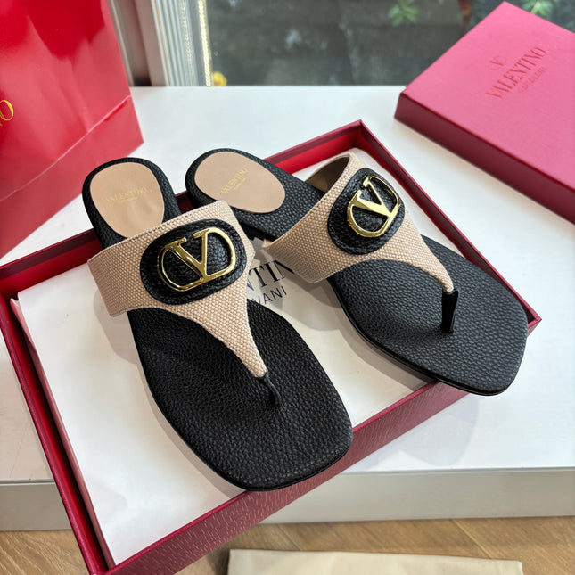 VLTN THONG SANDALS 25S IN BLACK MIX BEIGE LAMBSKIN WITH GOLD HARDWARE
