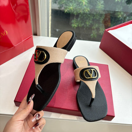 VLTN THONG SANDALS 25S IN BLACK MIX BEIGE LAMBSKIN WITH GOLD HARDWARE