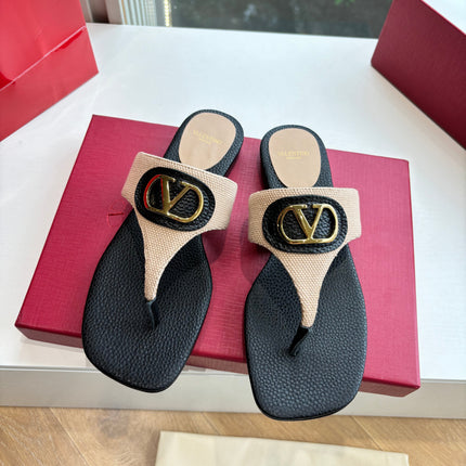 VLTN THONG SANDALS 25S IN BLACK MIX BEIGE LAMBSKIN WITH GOLD HARDWARE