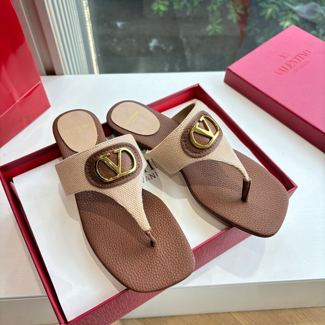 VLTN THONG SANDALS 25S IN BROWN MIX BEIGE LAMBSKIN WITH GOLD HARDWARE