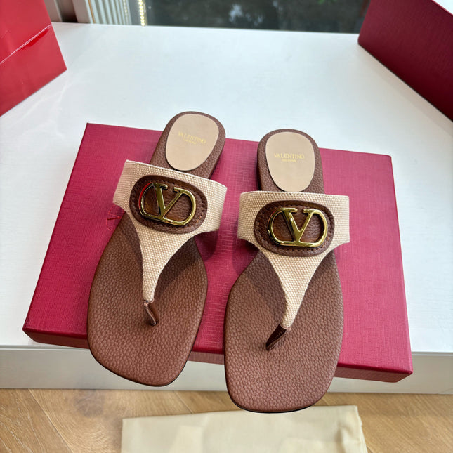 VLTN THONG SANDALS 25S IN BROWN MIX BEIGE LAMBSKIN WITH GOLD HARDWARE