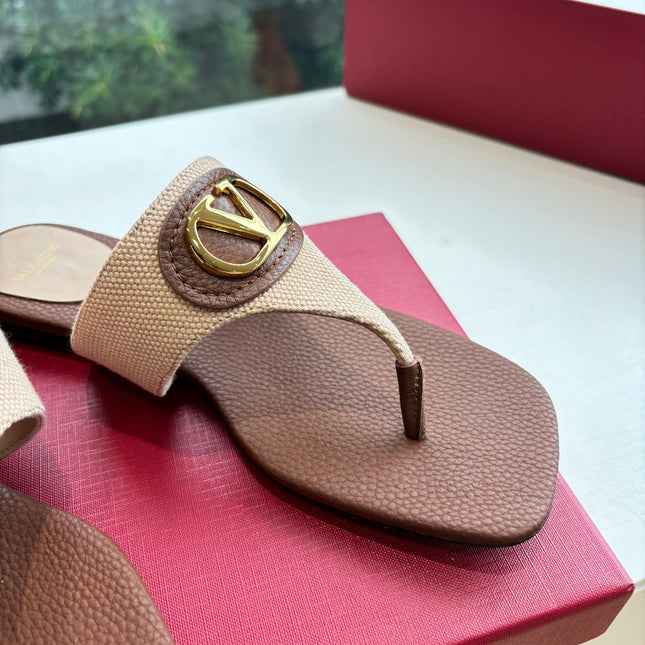 VLTN THONG SANDALS 25S IN BROWN MIX BEIGE LAMBSKIN WITH GOLD HARDWARE