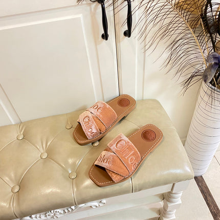 WOODY SLIDES IN DARK BEIGE IN VELVET WITH EMBROIDERED LOGO STRAPS