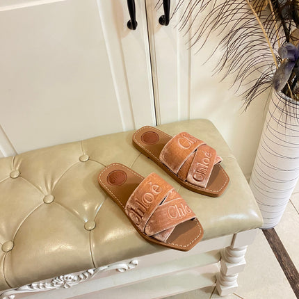 WOODY SLIDES IN DARK BEIGE IN VELVET WITH EMBROIDERED LOGO STRAPS