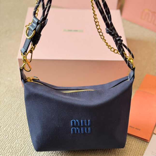 CHAIN SHOULDER BAG 19 IN NAVY BLUE FABRIC GOLD HARDWARE