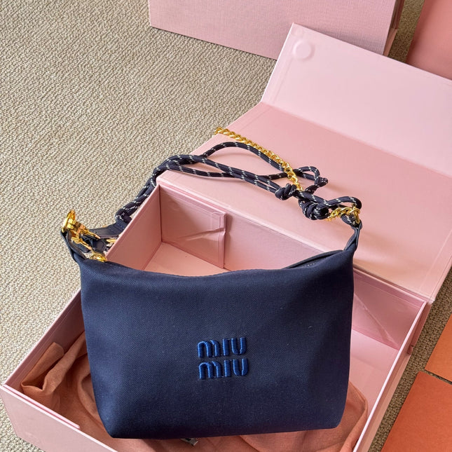 CHAIN SHOULDER BAG 19 IN NAVY BLUE FABRIC GOLD HARDWARE