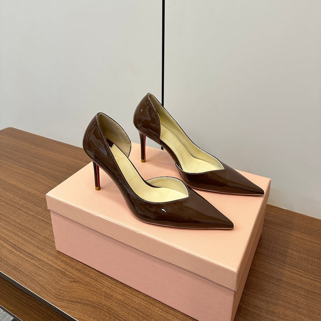 IRIZA PUMPS 85MM IN BROWN PATENT CALFSKIN