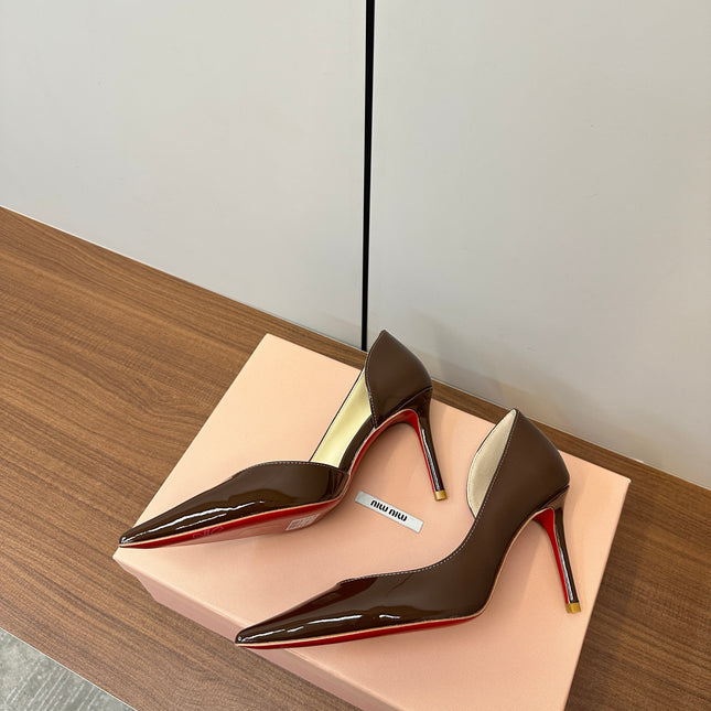 IRIZA PUMPS 85MM IN BROWN PATENT CALFSKIN