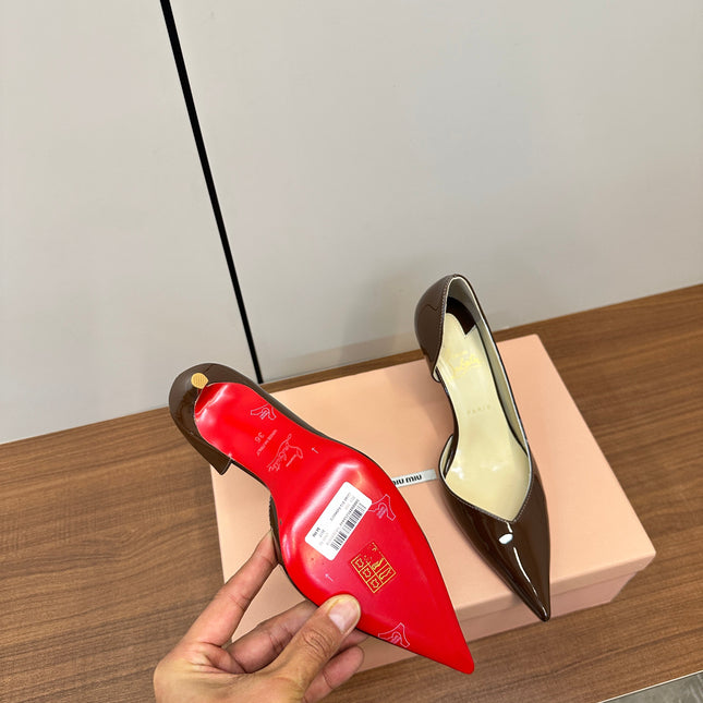 IRIZA PUMPS 85MM IN BROWN PATENT CALFSKIN