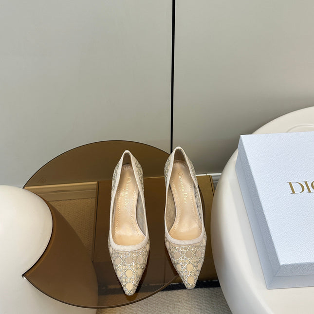 POINTED TOE HEELS 55MM IN NUDE MESH WITH RHINESTONES