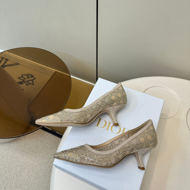 POINTED TOE HEELS 55MM IN NUDE MESH WITH RHINESTONES