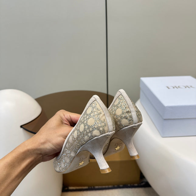 POINTED TOE HEELS 55MM IN NUDE MESH WITH RHINESTONES