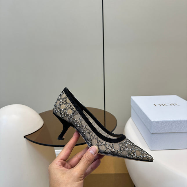 POINTED TOE HEELS 55MM IN BLACK MESH WITH RHINESTONES