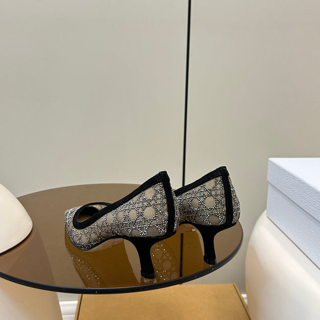 POINTED TOE HEELS 55MM IN BLACK MESH WITH RHINESTONES