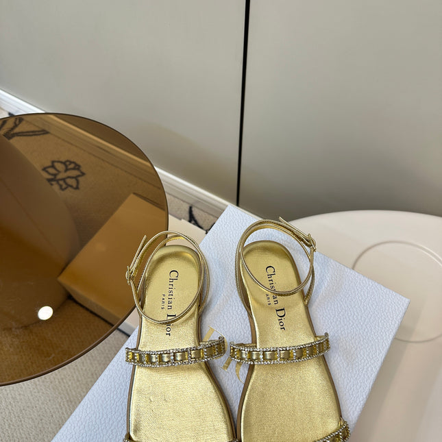 FLAT SANDALS 25S IN SHINY GOLD CALFSKIN RHINESTONES STRAP