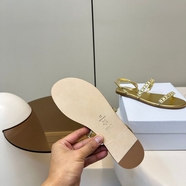 FLAT SANDALS 25S IN SHINY GOLD CALFSKIN RHINESTONES STRAP
