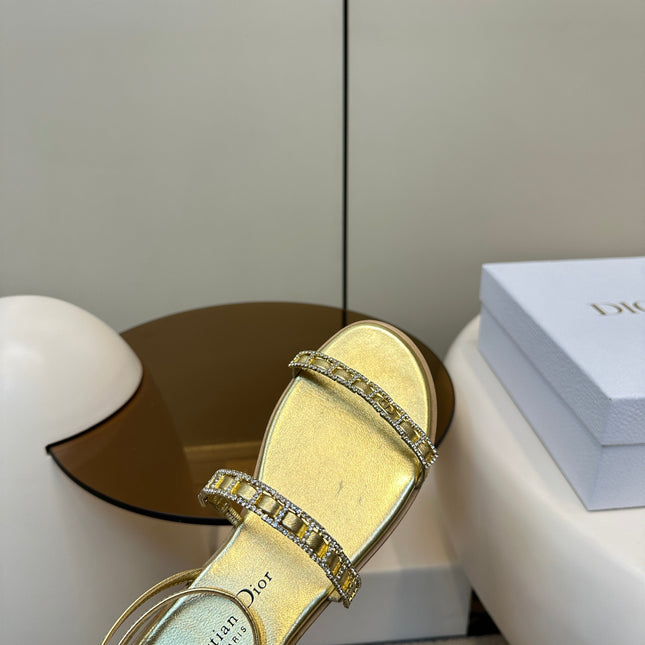 FLAT SANDALS 25S IN SHINY GOLD CALFSKIN RHINESTONES STRAP