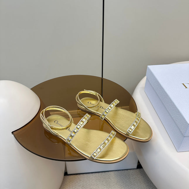 FLAT SANDALS 25S IN SHINY GOLD CALFSKIN RHINESTONES STRAP