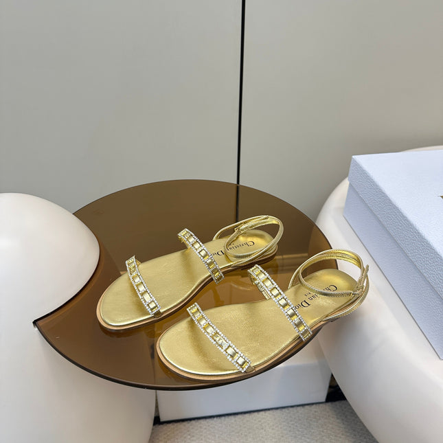 FLAT SANDALS 25S IN SHINY GOLD CALFSKIN RHINESTONES STRAP