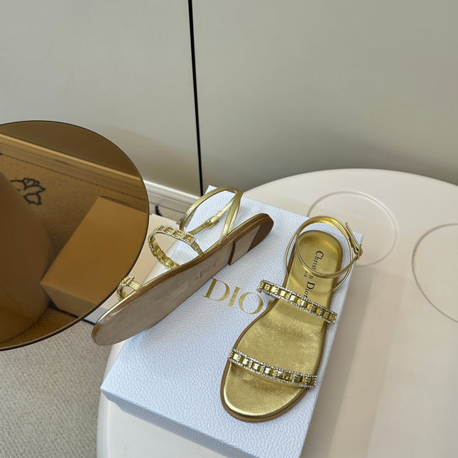 FLAT SANDALS 25S IN SHINY GOLD CALFSKIN RHINESTONES STRAP