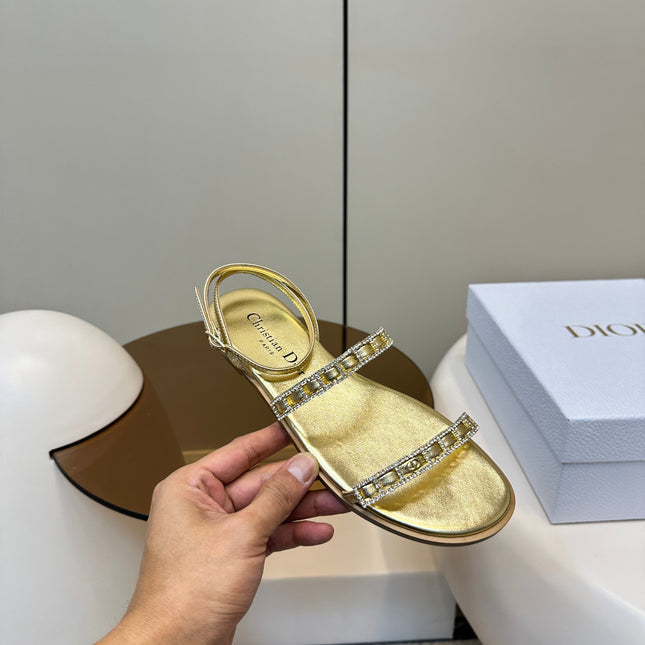 FLAT SANDALS 25S IN SHINY GOLD CALFSKIN RHINESTONES STRAP
