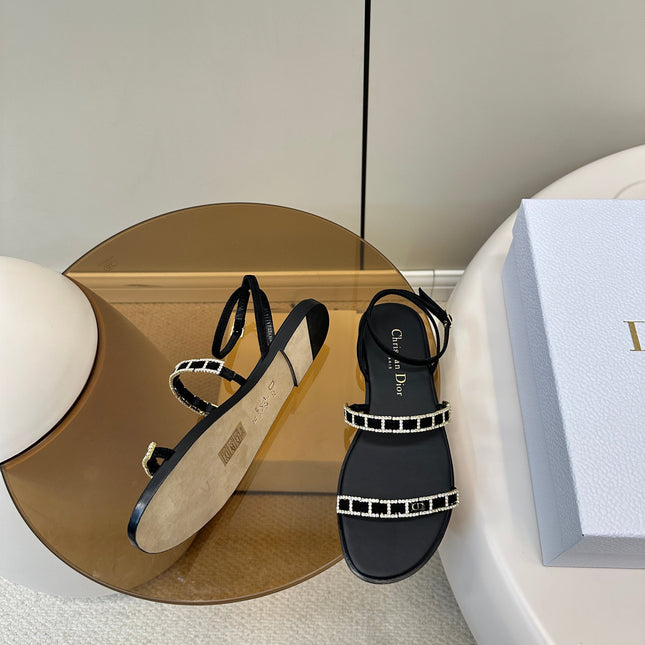 FLAT SANDALS 25S IN BLACK CALFSKIN RHINESTONES STRAP