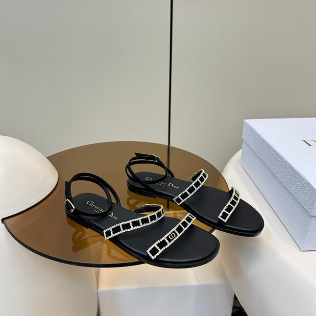 FLAT SANDALS 25S IN BLACK CALFSKIN RHINESTONES STRAP