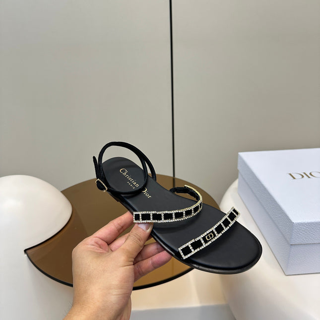 FLAT SANDALS 25S IN BLACK CALFSKIN RHINESTONES STRAP