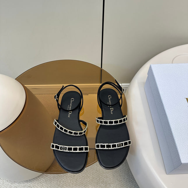 FLAT SANDALS 25S IN BLACK CALFSKIN RHINESTONES STRAP