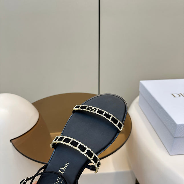 FLAT SANDALS 25S IN BLACK CALFSKIN RHINESTONES STRAP
