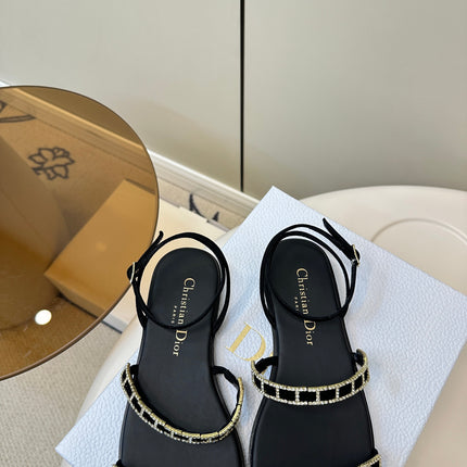 FLAT SANDALS 25S IN BLACK CALFSKIN RHINESTONES STRAP