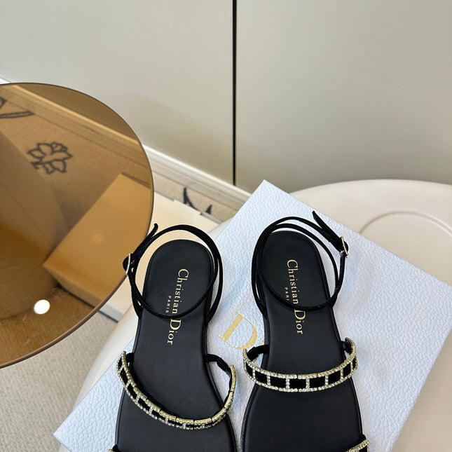 FLAT SANDALS 25S IN BLACK CALFSKIN RHINESTONES STRAP