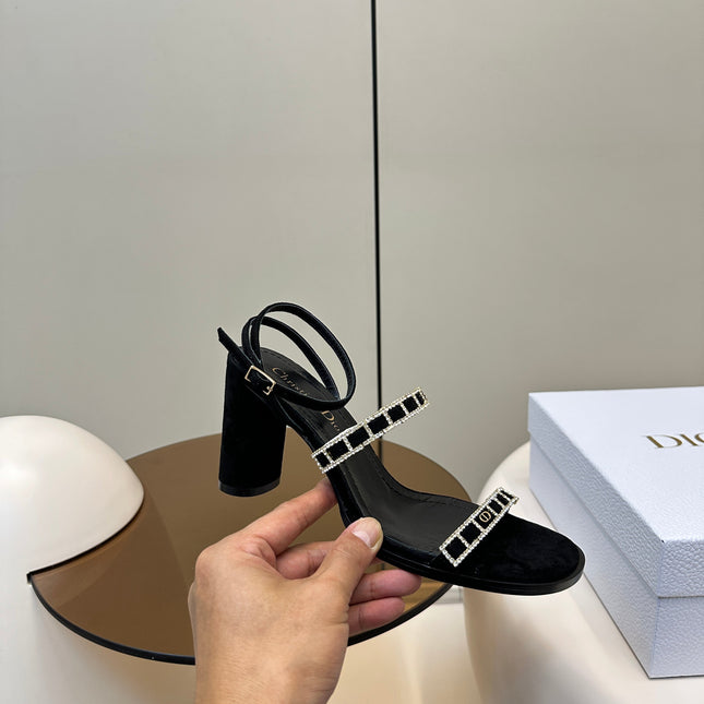 HIGH HEEL 25S SANDALS 85MM IN BLACK CALFSKIN RHINESTONES STRAP