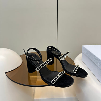 HIGH HEEL 25S SANDALS 85MM IN BLACK CALFSKIN RHINESTONES STRAP