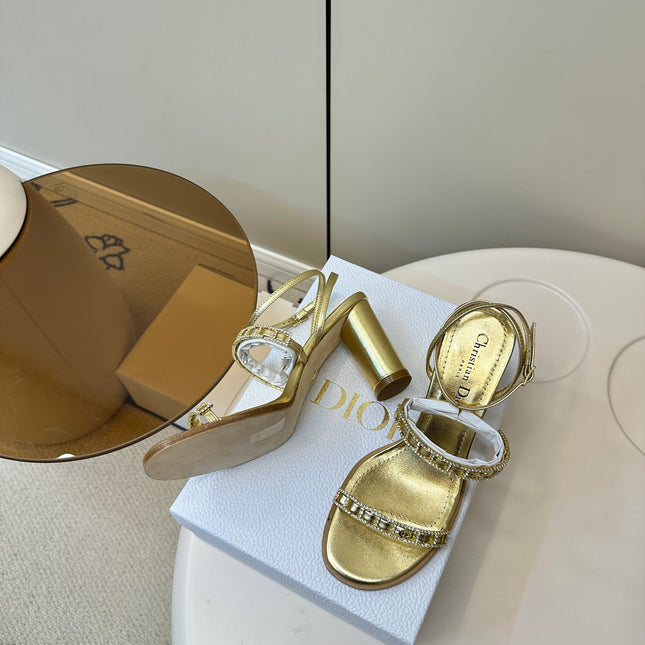 HIGH HEEL 25S SANDALS 85MM IN SHINY GOLD CALFSKIN RHINESTONES STRAP