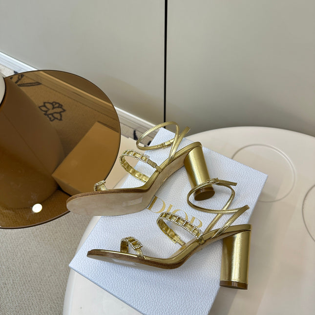HIGH HEEL 25S SANDALS 85MM IN SHINY GOLD CALFSKIN RHINESTONES STRAP