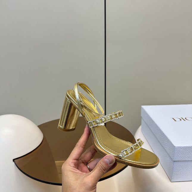HIGH HEEL 25S SANDALS 85MM IN SHINY GOLD CALFSKIN RHINESTONES STRAP