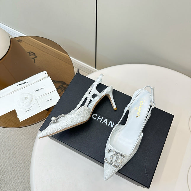 CC SLINGBACK 25S IN WHITE LACE FABRIC WITH SILVER HARDWARE