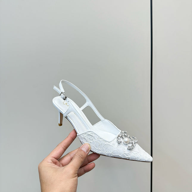 CC SLINGBACK 25S IN WHITE LACE FABRIC WITH SILVER HARDWARE