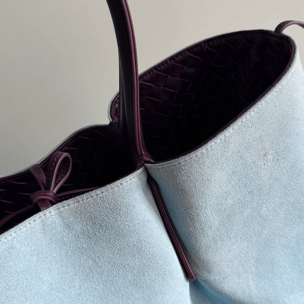 PINACOTECA REVERSIBLE TOTE BAG 43 IN MADDER BROWN LAMBSKIN AND LIGHT BLUE SUEDE